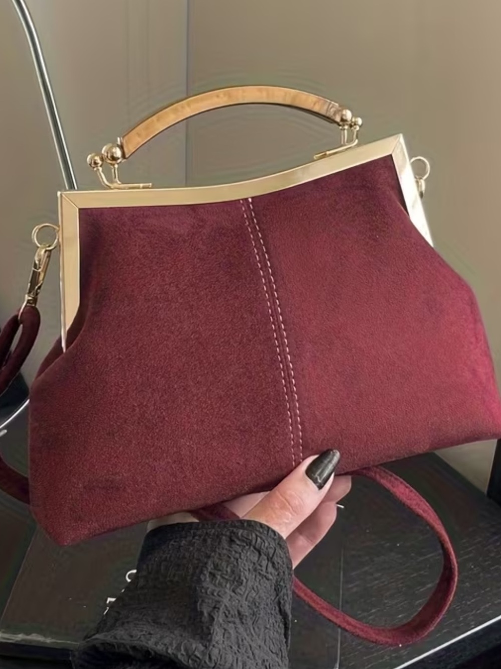 Structured Burgundy Suede Frame Handbag with Gold Accent
